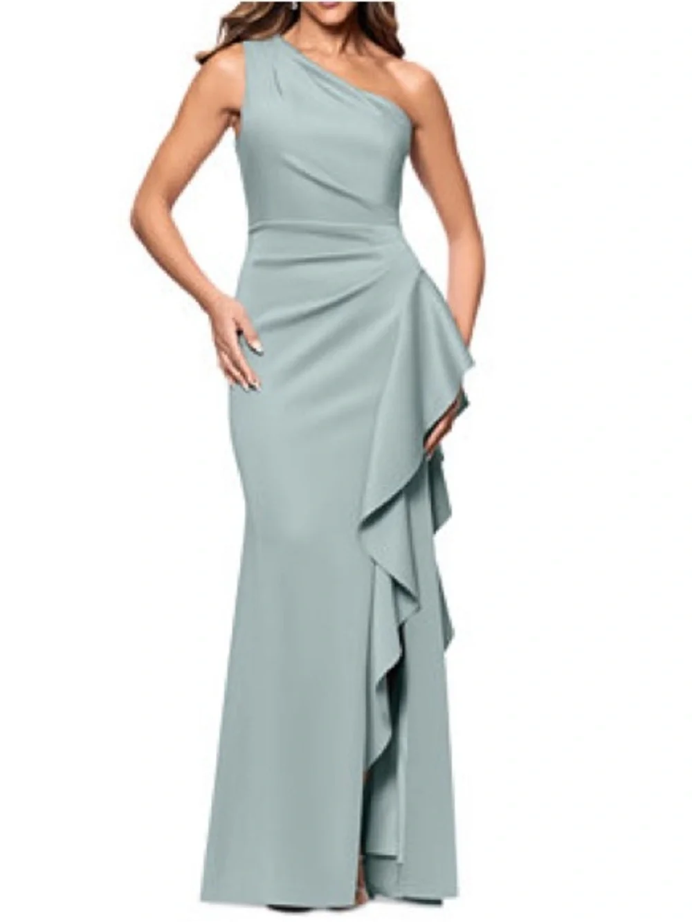 New Xscape Ruffled One Shoulder Scuba Gown Maxi Dress Sage Sz 14